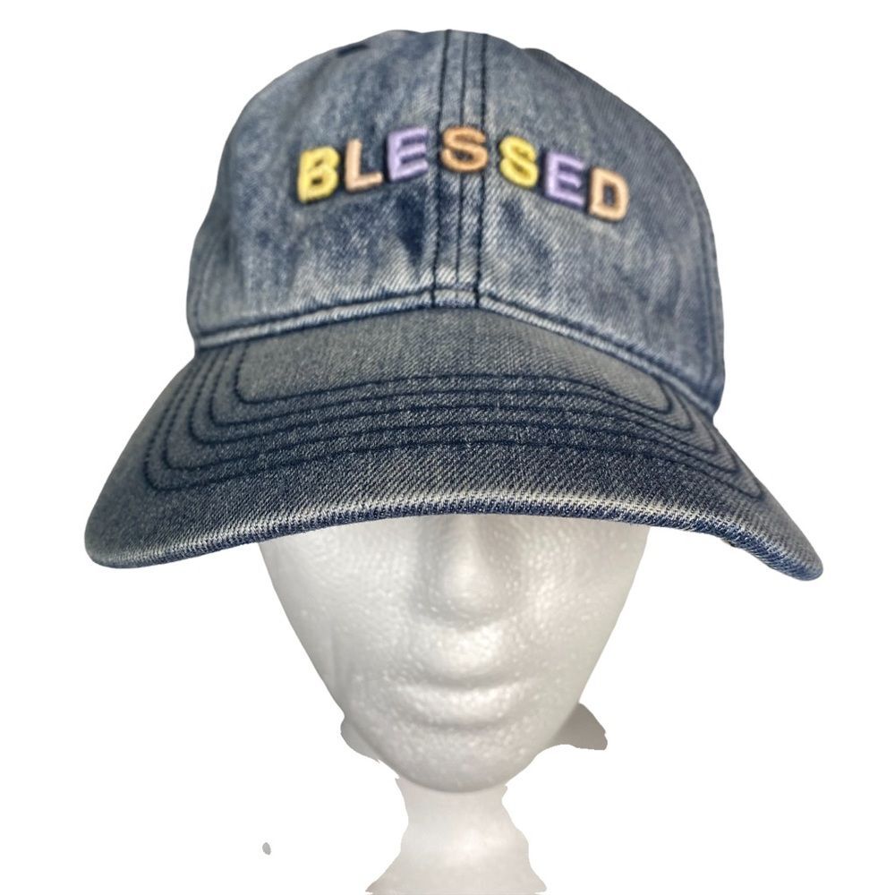 Blessed Ball Cap Pastel Rainbow Acid Wash Denim Look Blue Adjustable Strapback - Picture 15 of 15